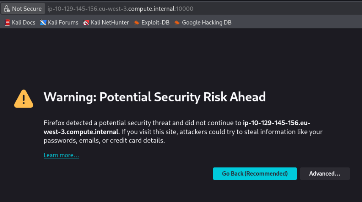 Advertencia de riesgo de seguridad en Firefox